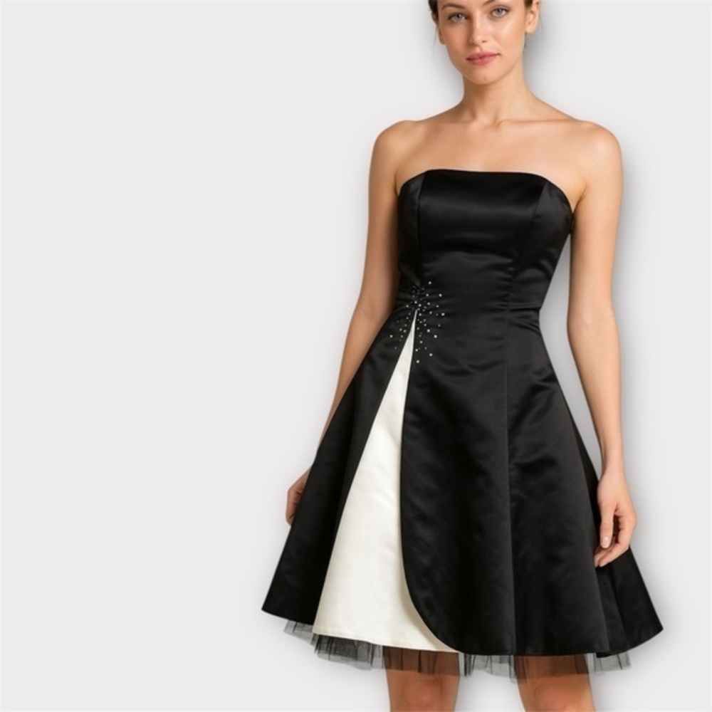 Jessica McClintock Gunne sax Black Strapless Satin Fit & Flare Cocktail Dress